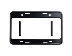 A sleek, shiny black license plate frame designed for holding vehicle registration plates securely.