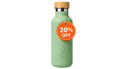 Green reusable water bottle isolated on transparent background with 20 percent off tag