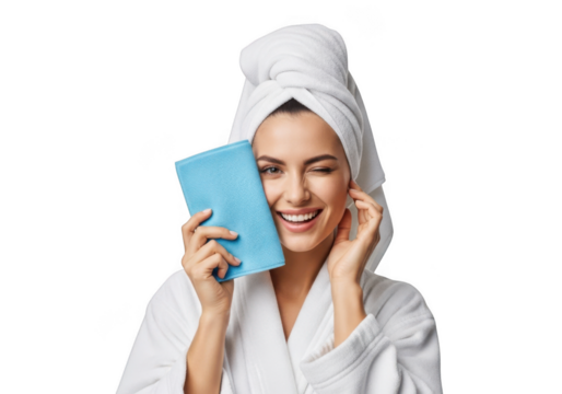 Smiling woman in towel and robe holding blue object spa day beauty treatment wellness isolated on transparent background