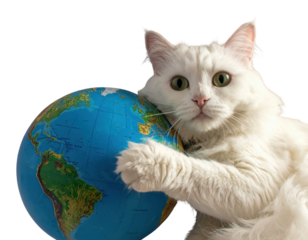 A playful white cat hugs a globe, blending the themes of pets and global awareness in a striking image against a black background.
