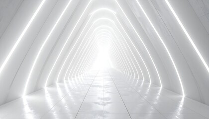 A perspective view of a sleek, futuristic corridor with bright, white neon lighting highlighting its triangular shape, creating a modern and minimalist atmosphere. 