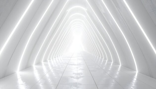 A perspective view of a sleek, futuristic corridor with bright, white neon lighting highlighting its triangular shape, creating a modern and minimalist atmosphere. 