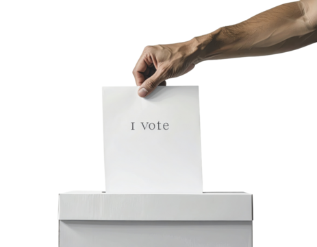 A hand is seen casting a vote into a ballot box, symbolizing civic engagement and the democratic process.