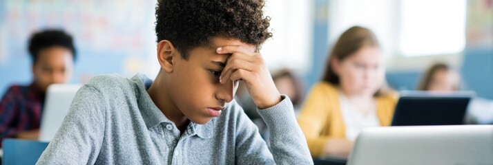 Modern Authentic Schoolboy Experiencing Mental Fatigue from Air Quality Issues in Classroom Premium Educational Wellness Content for Campaigns and Social Media