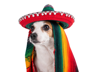 A dog wearing a colorful sombrero and a vibrant poncho, showcasing a festive and playful appearance.