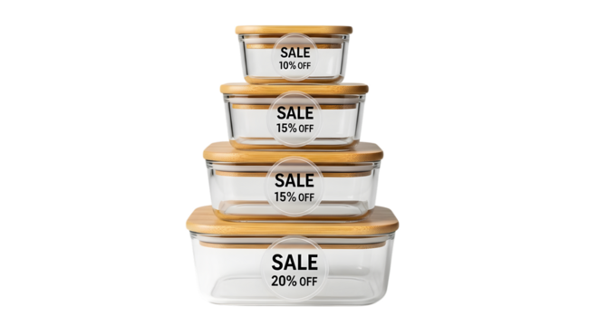 Stack of glass food containers with bamboo lids and sale stickers isolated on transparent background