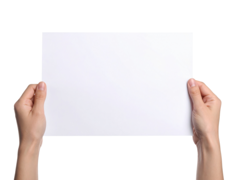 A pair of hands holding a blank sheet of white paper.