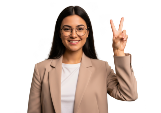 Smiling business woman in blazer making peace sign gesture isolated on transparent background png for graphic design resources and projects isolated on transparent background - Powered by Adobe