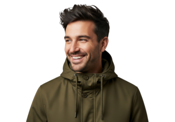Smiling man in green hooded jacket posing fashionably portrait photo cutout png image stock photography isolated on transparent background