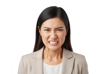 Angry businesswoman portrait, frustrated asian female executive showing disgust and annoyance, isolated on transparent background
