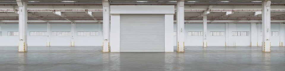 Modern Industrial Warehouse Interior with Closed Roller Door Premium Commercial Real Estate Space for Logistics Marketing and Professional Business Use