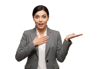 Surprised businesswoman presenting product with open palm, hand on chest, shocked expression, png image, isolated on transparent background