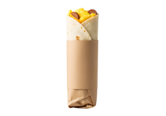 Delicious breakfast burrito with sausage and scrambled eggs isolated on transparent background