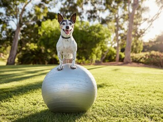 Energetic Dog Balancing on Exercise Ball Outdoors Premium Authentic Pet Wellness and Physiotherapy Content for Active Care Marketing Campaigns
