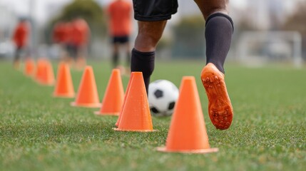 Professional Youth Soccer Player Dribbling Training with Orange Cones Modern Sports Skill Clinic for Education and Athletic Precision Marketing
