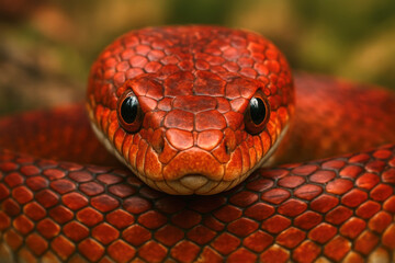 Obraz premium Vibrant Red Snake Portrait: A captivating, close-up portrait of a stunning red snake. Its piercing gaze, intricate scales, and sinuous form showcase nature's artistry, bringing the raw.