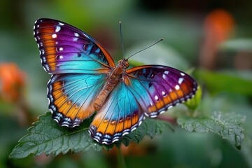 Fototapeta premium Vibrant Butterfly Resting on a Green Leaf