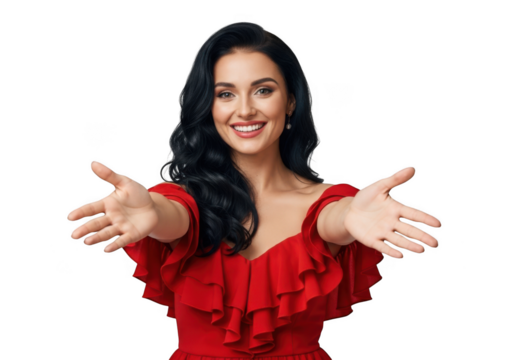 Attractive brunette woman in red dress offering a handshake, smiling and welcoming gesture stock photo isolated on transparent background