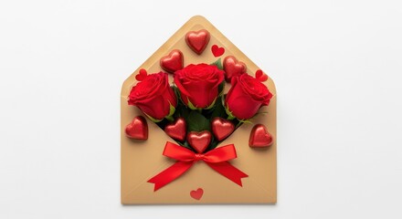 Rose Bouquet in Envelope: A romantic Valentine's Day still life. Vivid red roses and heart-shaped candies spill from a decorative envelope tied with a delicate red ribbon.