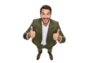 Enthusiastic businessman giving two thumbs up from above angle in olive green suit full body shot cheerful isolated on transparent background