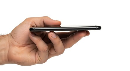 Holding Phone Close Up: The sleek silhouette of a modern phone is held delicately, a tangible representation of digital connection and technological ease, captured in a clean, studio setting.