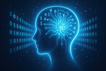 Obraz premium Artificial intelligence: An artistic depiction of a human head intertwined with advanced circuitry and binary code, symbolizing the convergence of human intelligence and artificial intelligence.