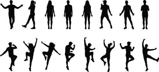 Silhouette people standing and dancing, men and women poses, active lifestyle movement, modern dance illustration, social community concept, vector designSilhouette people standing and dancing, men 