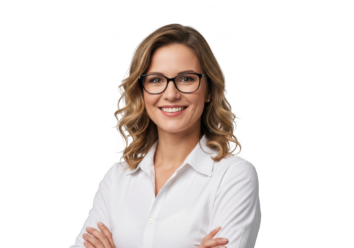 Professional smiling businesswoman with glasses in white shirt portrait stock photo, isolated on transparent background, png for design isolated on transparent background