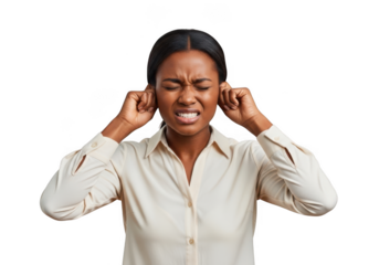Annoyed african american woman covering ears suffering from loud noise headache pain stress isolated on transparent background