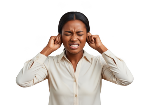 Annoyed african american woman covering ears suffering from loud noise headache pain stress isolated on transparent background