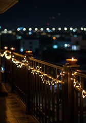 Nighttime Balcony Lights: A cozy balcony adorned with illuminated string lights at dusk, offering a picturesque view of the cityscape, with bokeh from city lights in the background.