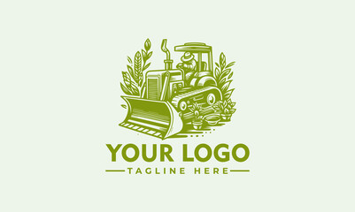 A stylized, green-toned illustration of a bulldozer surrounded by foliage, with placeholder text for a logo and tagline below. © nuaari