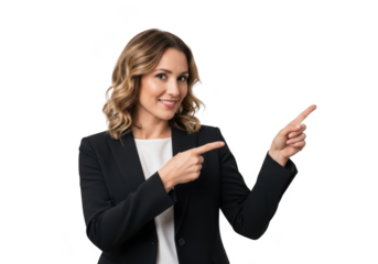 Professional businesswoman pointing presenting isolated stock photo, attractive woman in suit, presentation, advertising, marketing isolated on transparent background