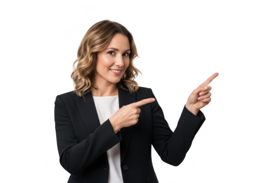 Professional businesswoman pointing presenting isolated stock photo, attractive woman in suit, presentation, advertising, marketing isolated on transparent background