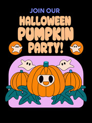 Cute pixel art Halloween pumpkin party invitation with friendly jack-o'-lanterns and ghosts. Perfect for autumn celebrations.
