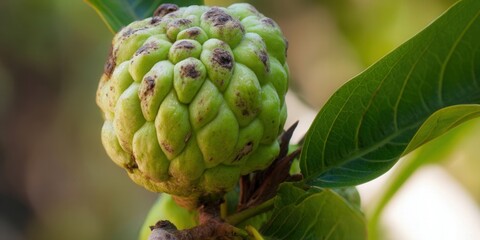 A vibrant green custard apple, ready to be picked, amidst lush green leaves on a tree.