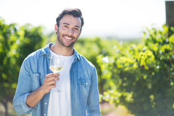 Smiling man standing in sunlit vineyard amid vibrant grapevines holding stemmed wine glass