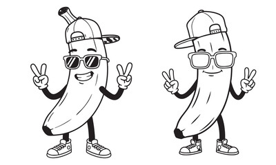 Cool Cartoon Banana with Cap and Sunglasses Giving Peace Sign