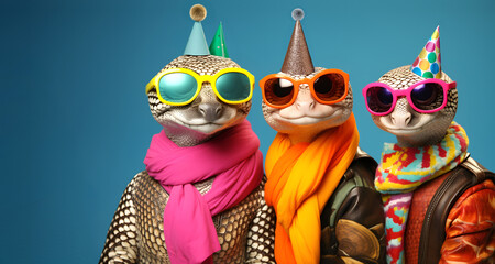 Creative animal concept. Group of snake reptile in funky Wacky wild mismatch colourful outfits on bright background advertisement, copy space. birthday party invite invitation banner	
