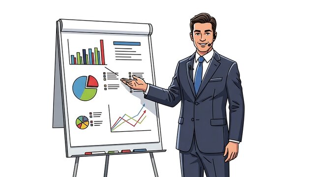 Professional Businessman Presenting Data Analysis on Flip Chart with Headset, Corporate Meeting or Training Session Illustration