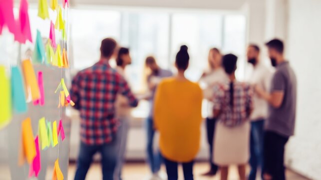 Modern Agile IT Project Team in Scrum Meeting Collaborating with Post-it Notes for Strategic Planning and Productivity Growth in Professional Tech Office