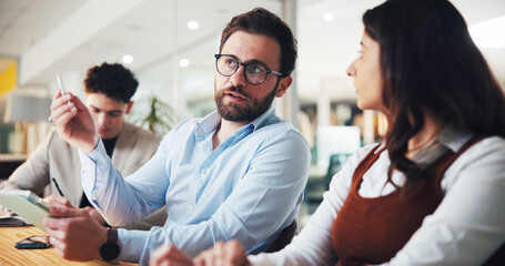 Discussion, team and planning with business people in office for budget review, meeting and account report. Proposal, collaboration and portfolio project with employees in agency for funding pitch