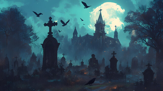 Foggy graveyard path black crows flying full moon