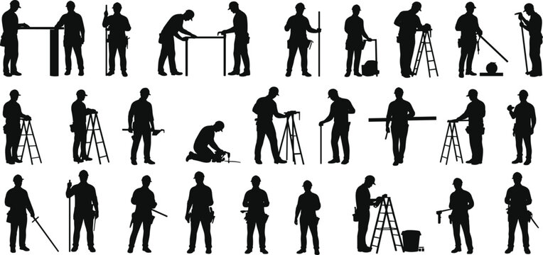 Silhouette set of construction workers with tools, ladder, measuring equipment, builder poses, handyman illustration, repair, industrial work design vector