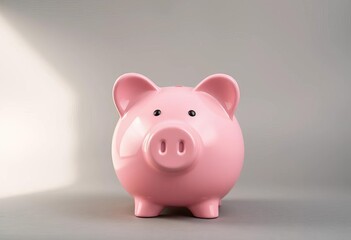 A cheerful pink piggy bank sits against a neutral grey backdrop, moneybox,  pink
