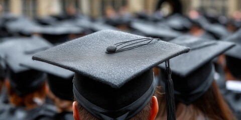 Graduation caps fill the frame, celebrating academic achievements and the beginning of a new chapter.