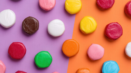 Obraz premium Colorful candy pieces arranged on vibrant backgrounds, showcasing a variety of shapes and colors, creating a playful and sweet atmosphere.