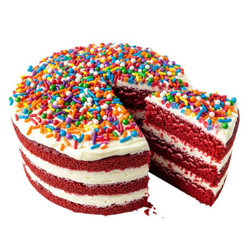 Delicious red velvet cake with sprinkles, perfect for celebrations and dessert enjoyment
