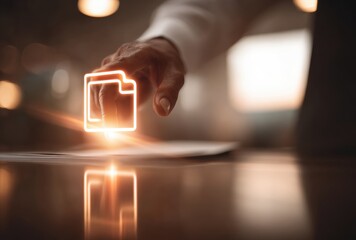 Hand hovering over glowing folder icon on document