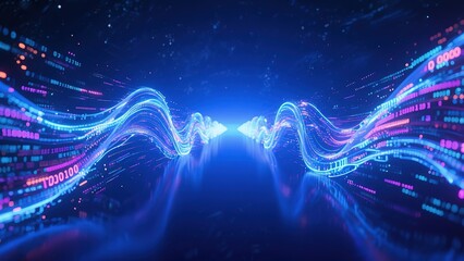 Abstract glowing digital waves with binary code data streams, futuristic dark blue cyber space, high-tech sci-fi neon style, vibrant luminous effects